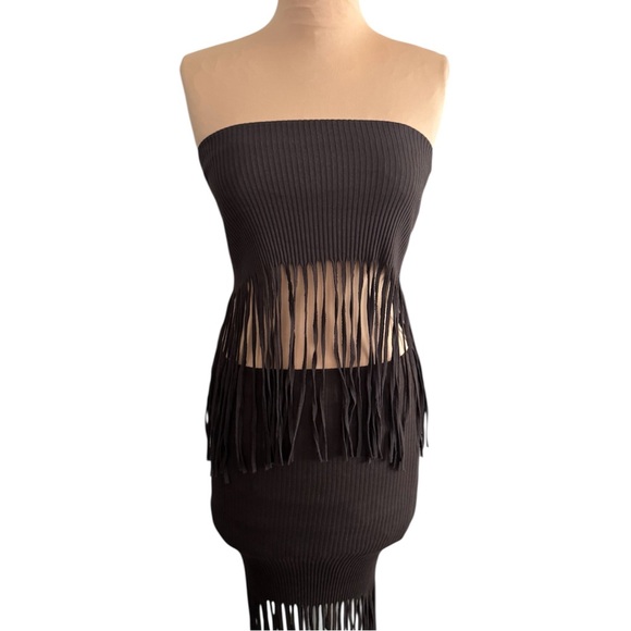 Zara Ribbed Strapless Dress in Chocolate Brown - Picture 3 of 5